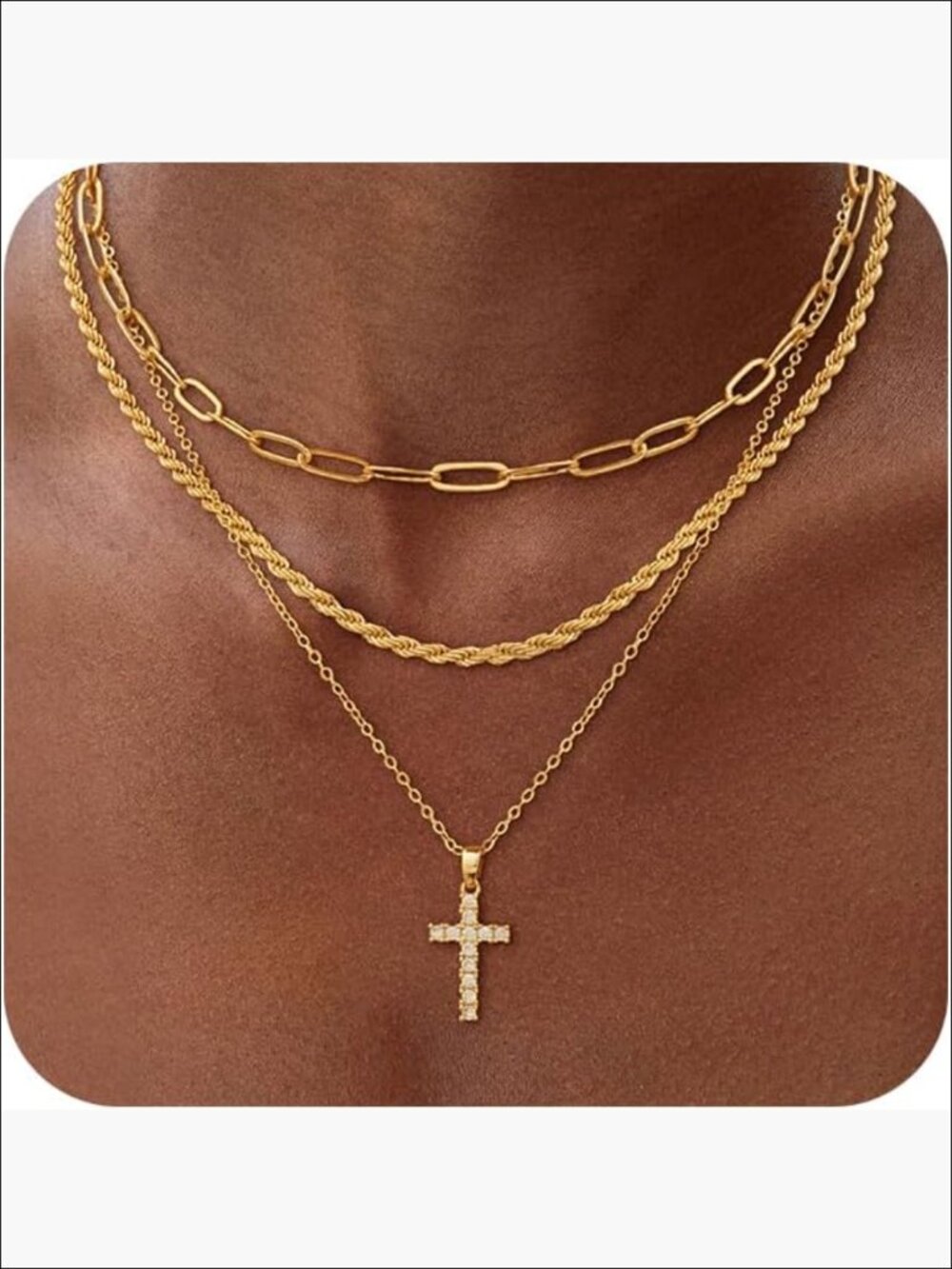14K Gold Plated Layered Cross Necklace Set with Cubic Zirconia